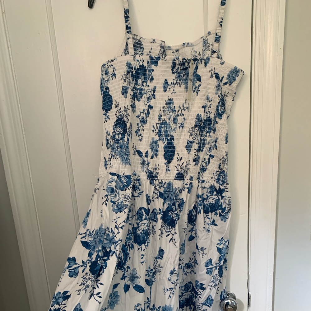 American Eagle Outfitters Blue and White Smocked Midi Sundress